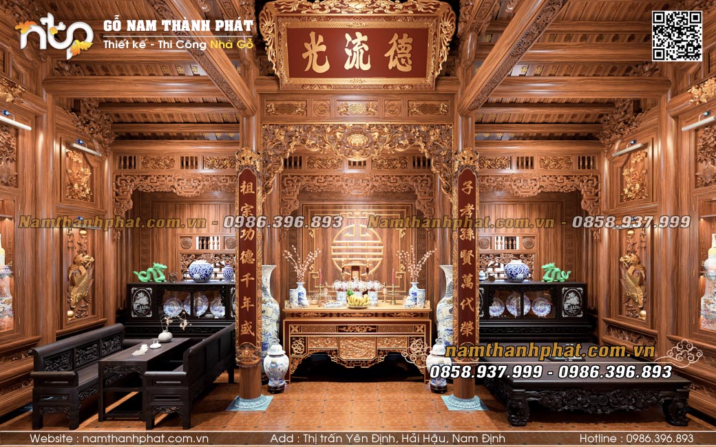 Thiết kế nội thất nhà thờ họ 3 gian 18 cột sang trọng và ấm cúng